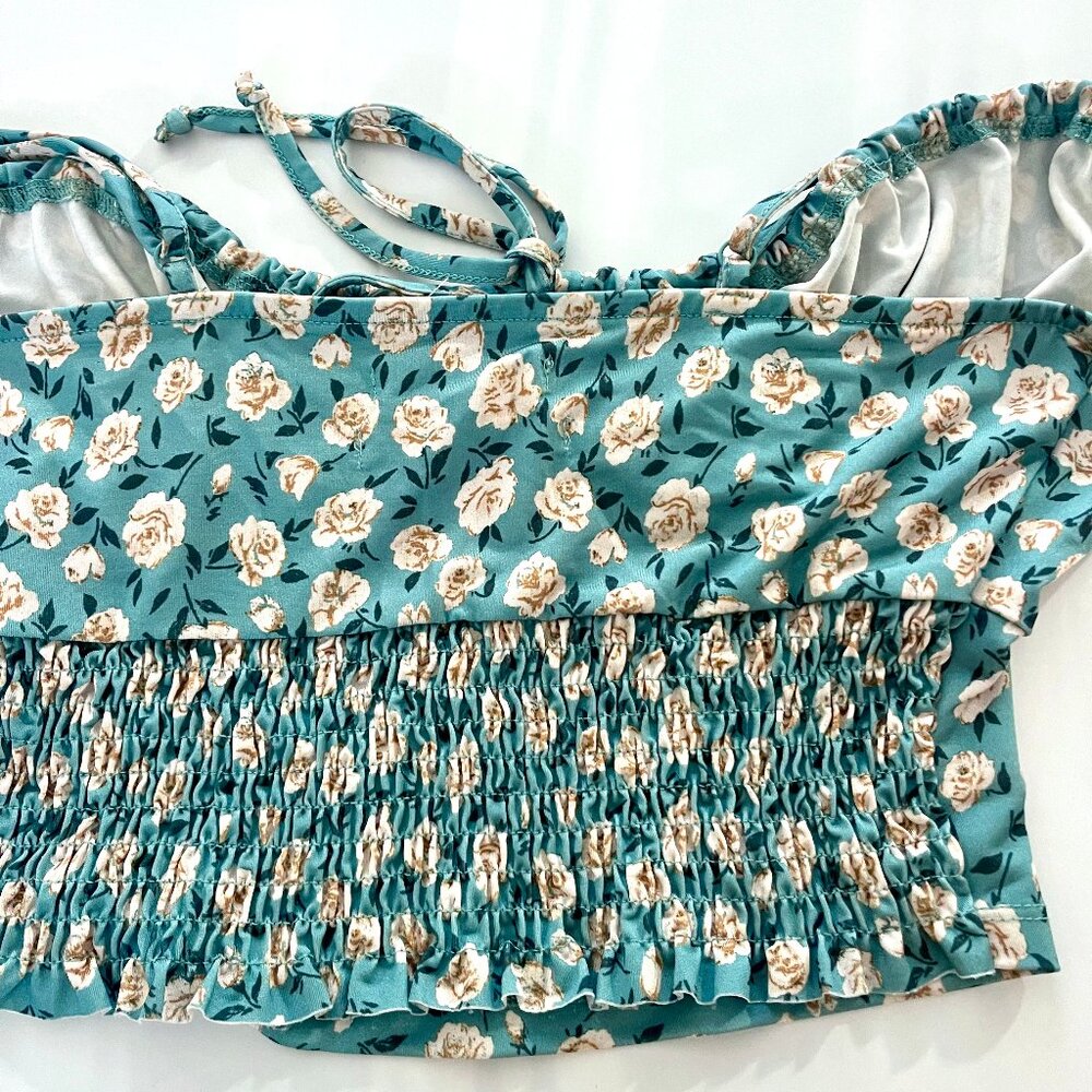 Urban Outfitters Green Floral Ruffle  Top with string tie straps size small